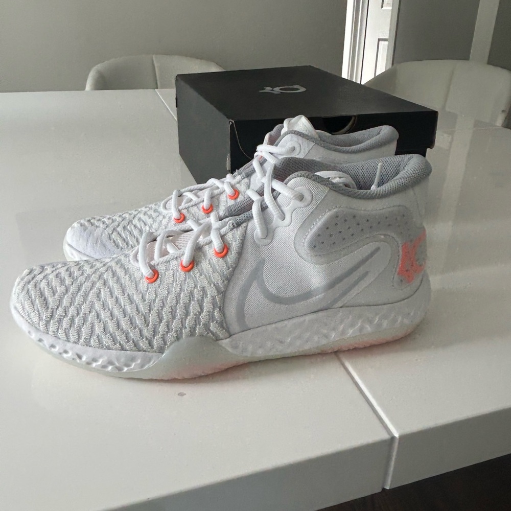 Nike KD White and Gray Basketball Shoes with Orange Accents